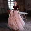 Chic / Beautiful Burgundy Suede Prom Dresses 2022 A-Line / Princess Square Neckline Star Sequins Puffy Short Sleeve Sash Bow Backless Floor-Length / Long Formal Dresses