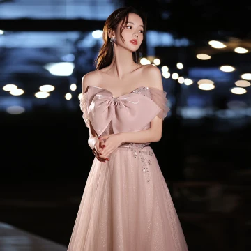 Chic Belle Rougissant Rose Robe De Bal 2022 Princesse De L Épaule Noeud Paillettes Faux Diamant Manches Courtes Dos Nu Longue Robe De Ceremonie