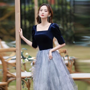 Elegant Navy Blue Suede Prom Dresses 2022 A Line Princess Square Neckline 1 2 Sleeves Backless Floor Length Long Formal Dresses
