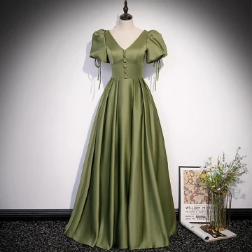 Modest Simple Clover Green Satin Prom Dresses 2022 A Line Princess V Neck Puffy Short Sleeve Backless Floor Length Long Formal Dresses