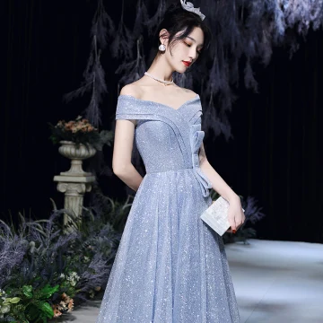 Charmant Scintillantes Bleu Ciel Glitter Paillettes Robe De Bal 2022 Princesse De L Épaule Noeud Manches Courtes Dos Nu Longue Robe De Ceremonie