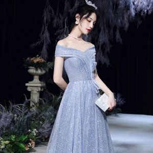Charming Sparkly Sky Blue Glitter Sequins Prom Dresses 2022 A Line Princess Off The Shoulder Bow Short Sleeve Backless Floor Length Long Formal Dresses