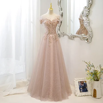 Charming Blushing Pink Beading Sequins Lace Flower Prom Dresses 2022 A Line Princess Off The Shoulder Short Sleeve Backless Floor Length Long Formal Dresses