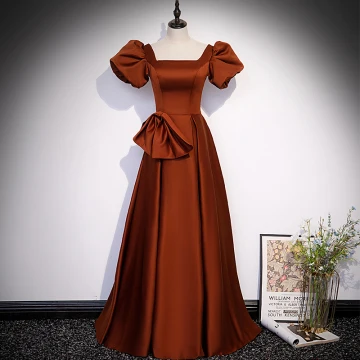 Elegant Brown Satin Prom Dresses 2022 A Line Princess Square Neckline Puffy Short Sleeve Bow Backless Floor Length Long Formal Dresses