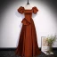 Elegant Brown Satin Prom Dresses 2022 A-Line / Princess Square Neckline Puffy Short Sleeve Bow Backless Floor-Length / Long Formal Dresses