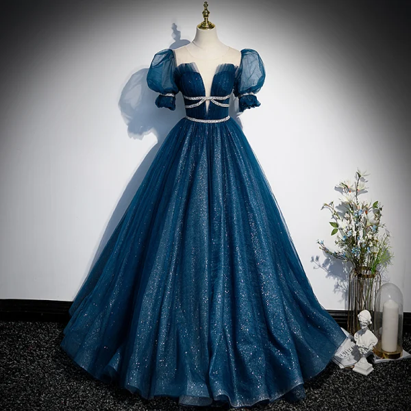 Élégant Océan Bleu Paillettes Robe De Bal 2022 Robe Boule Encolure Dégagée Gonflée Manches Courtes Noeud Longue Robe De Ceremonie