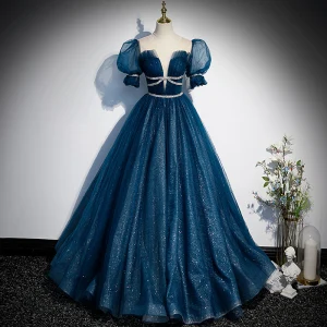 Élégant Océan Bleu Paillettes Robe De Bal 2022 Robe Boule Encolure Dégagée Gonflée Manches Courtes Noeud Longue Robe De Ceremonie