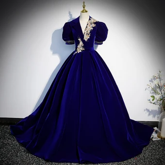 Vintage Originale Bleu Roi Daim Robe De Bal 2022 Robe Boule V Cou Gonflée Manches Courtes Faux Diamant En Dentelle Fleur Dos Nu Longue Robe De Ceremonie