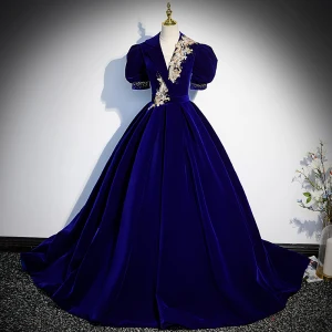 Vintage Königliches Blau Wildleder Ballkleider 2022 Ballkleid V Ausschnitt Geschwollenes Kurze Ärmel Strass Spitze Blumen Rückenfreies Lange Festliche Kleider