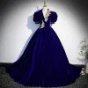 Vintage / Retro Royal Blue Suede Prom Dresses 2022 Ball Gown V-Neck Puffy Short Sleeve Rhinestone Lace Flower Backless Floor-Length / Long Formal Dresses