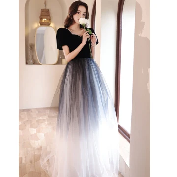 Elegant Black Suede Prom Dresses 2022 A Line Princess Square Neckline Short Sleeve Backless Floor Length Long Formal Dresses