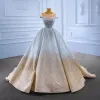 High-end Silver Gradient-Color Wedding Dresses 2022 Ball Gown Scoop Neck Handmade  Beading Rhinestone Sequins Short Sleeve Chapel Train Wedding