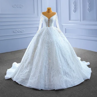 Haut De Gamme Luxe Blanche Fait Main Perlage Faux Diamant Paillettes Robe De Mariée 2022 Robe Boule Encolure Dégagée Manches Longues Chapel Train Mariage