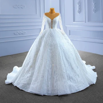 High End Luxe Witte Handgemaakt Kralen Rhinestone Pailletten Trouwjurken 2022 Baljurk Ronde Hals Lange Mouwen Chapel Train Huwelijk