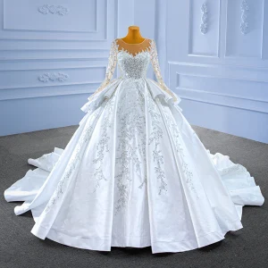 Luksus High End Håndlaget Beading Perle Paljetter Hvit Brudekjoler 2022 Ballkjole Gripende Ruffles Scoop Halsen Langermede Royal Train Bryllup