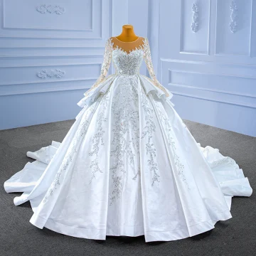 Luxe High End Handgemaakt Kralen Parel Pailletten Witte Trouwjurken 2022 Baljurk Cascading Ruches Ronde Hals Lange Mouwen Royal Train Huwelijk