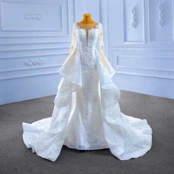 High End White Beading Lace Flower Cascading Ruffles Wedding Dresses 2022 Trumpet Mermaid Scoop Neck Long Sleeve Court Train Wedding