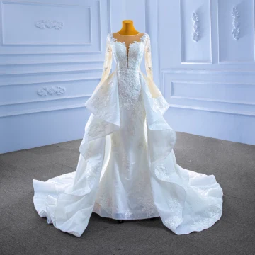 Haut De Gamme Blanche Perlage En Dentelle Fleur Volants En Cascade Robe De Mariée 2022 Trompette Sirène Encolure Dégagée Manches Longues Tribunal Train Mariage