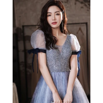 Chic Beautiful Pool Blue Gradient Color Prom Dresses 2022 A Line Princess V Neck Beading Sequins Backless Short Sleeve Bow Floor Length Long Formal Dresses