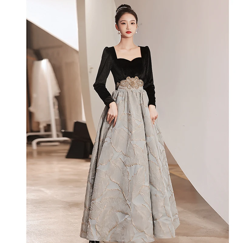 Chic Beautiful Black Velour Suede Winter Prom Dresses 2022 A Line Princess  Square Neckline Long Sleeve Rhinestone Floor Length Long Formal Dresses