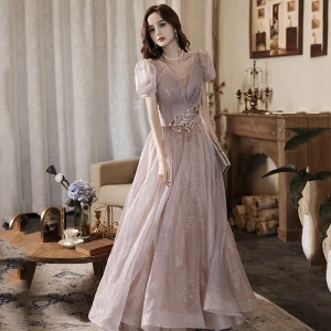 Charmant Rougissant Rose Glitter Robe De Bal 2022 Princesse V Cou Perlage Paillettes Gonflée Manches Courtes Dos Nu Longue Robe De Ceremonie