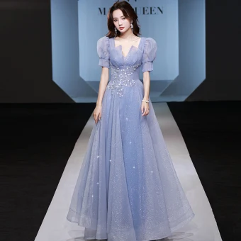 Chic Belle Bleu Ciel Perlage Paillettes Robe De Bal 2022 Princesse Encolure Carrée Gonflée Manches Courtes Dos Nu Longue Robe De Ceremonie
