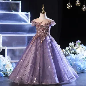 Chic Belle Grape Perlage Étoile Paillettes Anniversaire Robe Ceremonie Fille 2022 Robe Boule Encolure Dégagée Manches Courtes Dos Nu Longue Robe Ceremonie Fille