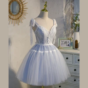 Sexy Bleu Ciel En Dentelle Fleur Anniversaire Robe De Fête 2022 Princesse Bretelles Spaghetti Sans Manches Dos Nu Noeud Longue Robe De Ceremonie