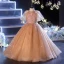 Chic / Beautiful Champagne Birthday Flower Girl Dresses 2022 Ball Gown High Neck Puffy Short Sleeve Beading Sequins Floor-Length / Long Flower Girl Dresses