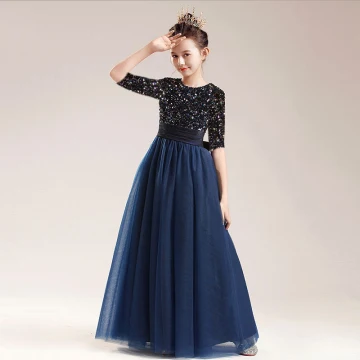 Chic Beautiful Navy Blue Sequins Flower Girl Dresses 2022 A Line Princess Scoop Neck 1 2 Sleeves Bow Floor Length Long Flower Girl Dresses