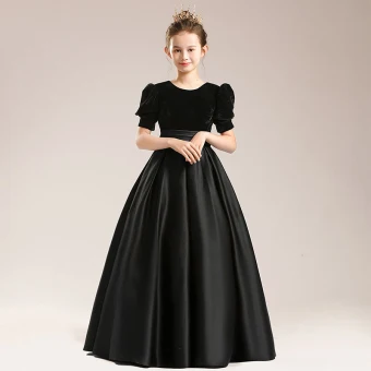 Élégant Noire Daim Satin Anniversaire Robe Ceremonie Fille 2022 Robe Boule Encolure Dégagée Manches Courtes Ceinture Longue Robe Ceremonie Fille