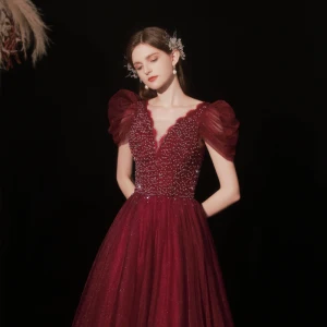 Charming Burgundy Prom Dresses 2022 A Line Princess V Neck Puffy Short Sleeve Beading Sequins Backless Floor Length Long Formal Dresses