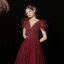 Charming Burgundy Prom Dresses 2022 A-Line / Princess V-Neck Puffy Short Sleeve Beading Sequins Backless Floor-Length / Long Formal Dresses