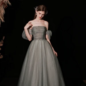 Chic Belle Glitter Vert Cendré Robe De Bal 2022 Princesse Bustier Gonflée Manches Courtes Dos Nu Longue Promo Robe De Ceremonie