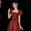 Elegant Burgundy Satin Prom Dresses 2022 A-Line / Princess Square Neckline Puffy Short Sleeve Bow Backless Floor-Length / Long Formal Dresses
