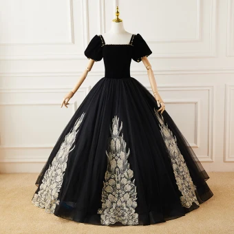 Élégant Noire Daim Robe De Bal 2022 Robe Boule Encolure Carrée Gonflée Manches Courtes Appliques Dos Nu Longue Robe De Ceremonie