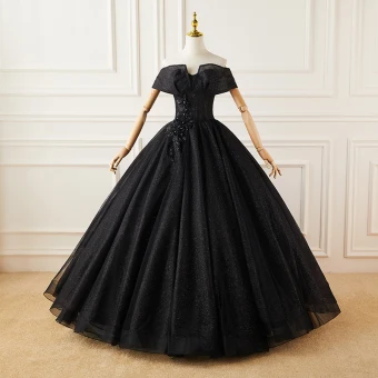 Élégant Noire Glitter Robe De Bal 2022 Robe Boule De L Épaule Faux Diamant Paillettes En Dentelle Fleur Manches Courtes Dos Nu Longue Robe De Bal