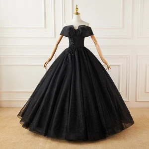 Elegant Black Glitter Prom Dresses 2022 Ball Gown Off The Shoulder Rhinestone Sequins Lace Flower Short Sleeve Backless Floor Length Long Prom Dresses