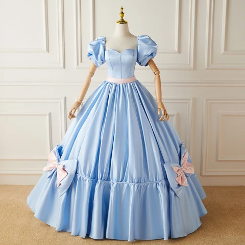 Schön Himmelblau Satin Plissee Ballkleider 2022 Ballkleid Bandeau Geschwollenes Kurze Ärmel Rückenfreies Schleife Lange Festliche Kleider