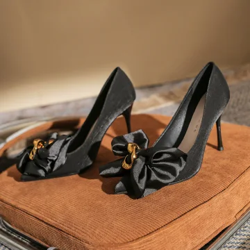Mode Noire Noeud Promo Escarpins 2022 9 Cm Talons Aiguilles À Bout Pointu Escarpins Talons Hauts