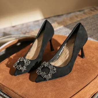 Fine Svart Rhinestone Suede Ball Pumps 2022 8 Cm Stiletthæler Spisse Pumps Høyhælte