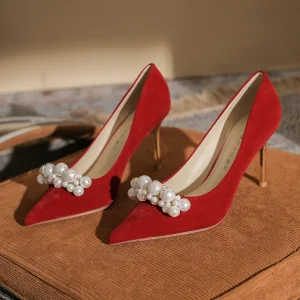 Élégant Rouge Perle Promo Escarpins 2022 8 Cm Talons Aiguilles À Bout Pointu Escarpins Talons Hauts
