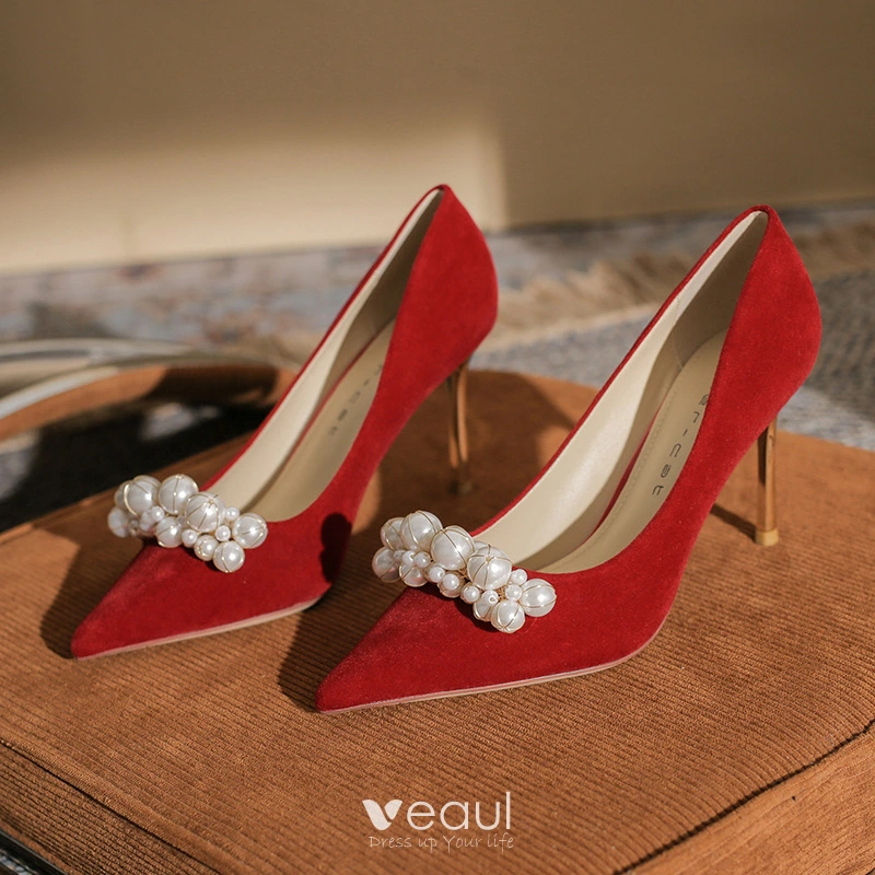 Elegant Rouge Perle Promo Escarpins 2022 8 cm Talons Aiguilles A Bout Pointu Escarpins Talons Hauts