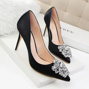 Chic Belle Noire Soirée Satin Faux Diamant Escarpins 2022 10 Cm Talons Aiguilles À Bout Pointu Escarpins Talons Hauts