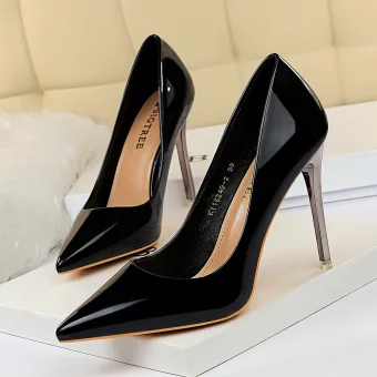 Inhabituel Noire Métal Cuir Verni Cocktail Escarpins 2022 10 Cm Talons Aiguilles À Bout Pointu Escarpins Talons Hauts