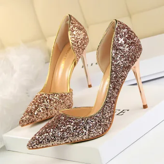 Sparkly Champagne Sequins Evening Party Womens Shoes 2022 9 Cm Stiletto Heels Pointed Toe Womens Shoes High Heels