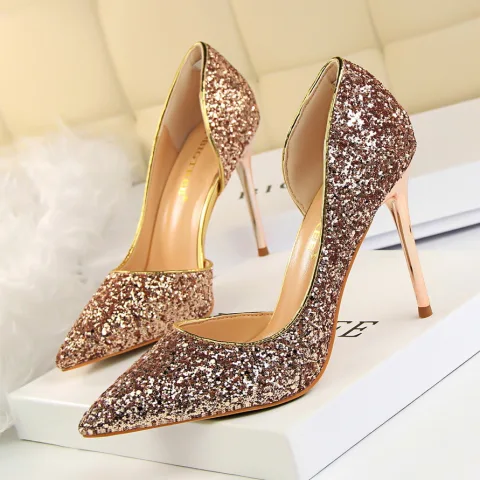 Brillante Champán Lentejuelas Noche Zapatos De Mujer 2022 9 cm Stilettos / Tacones De Aguja Punta Estrecha Zapatos De Mujer High Heels