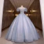 Elegant Sky Blue Lace Flower Prom Dresses 2022 Ball Gown Scoop Neck Beading Pearl Sequins Rhinestone Puffy Short Sleeve Backless Floor-Length / Long Formal Dresses