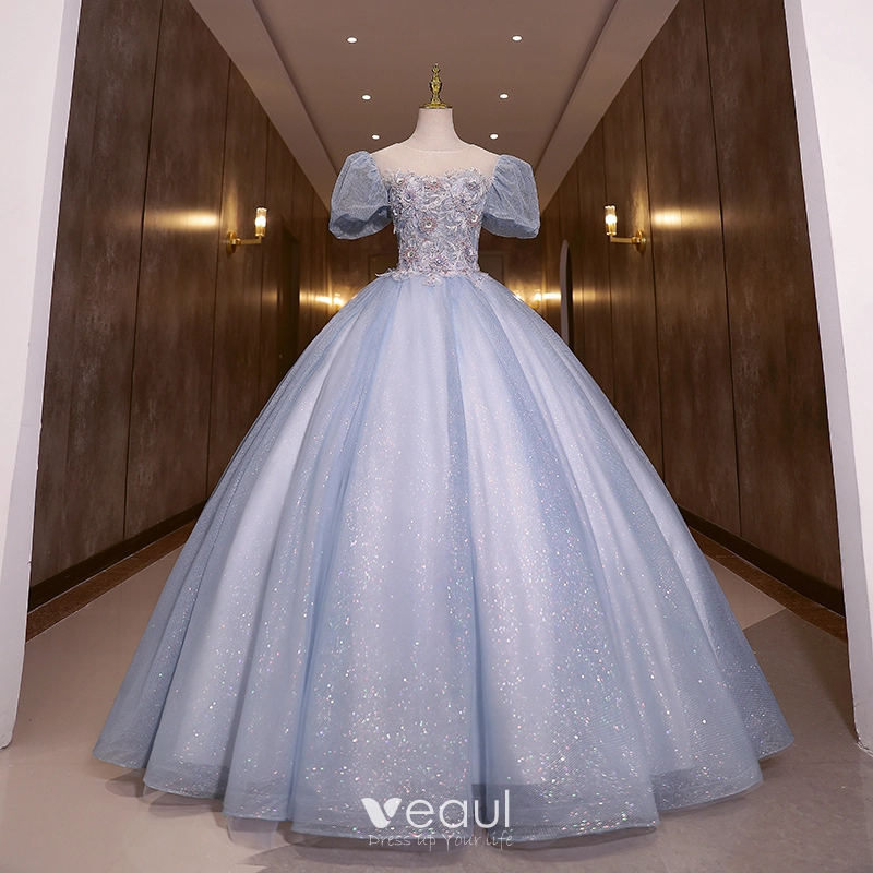 Elegant Sky Blue Lace Flower Prom Dresses 2022 Ball Gown Scoop Neck Beading  Pearl Sequins Rhinestone Puffy Short Sleeve Backless Floor-Length / Long  Formal Dresses
