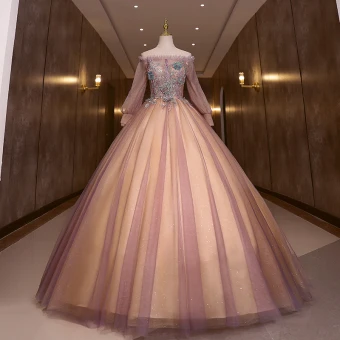 Élégant Violet Perle Paillettes En Dentelle Fleur Robe De Bal 2022 Robe Boule De L Épaule Manches Longues Longue Robe De Ceremonie